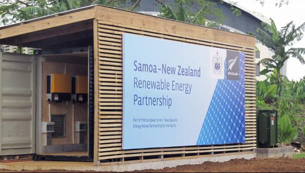 A project launched in Samoa, backed by New Zealand, ahead of the 2014 SIDS conference aimed at using renewable energy sources. Photo: RNZ / Alex Perrottet Sign on container: Samoa-New Zealand Renewable Energy Partnership