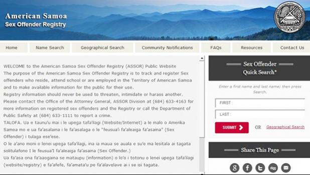  A screenshot of the registry website [Photo: americansamoa.nsopw.gov/] 