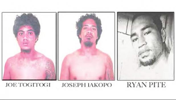 The three inmates who escaped Sunday from the Territorial Correctional Facility (TCF) and were still at large as of press time yesterday. These photos — provided by DPS — feature the escapees with their names inked on them for identification. [photos: DPS]