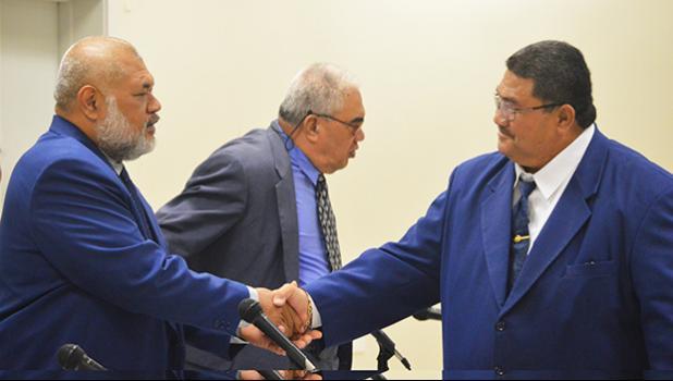 Vice Speaker, Fetu Fetui Jr shaking hands with Rep. Sataua Dr. Mataese Samuelu during a fono session last year.