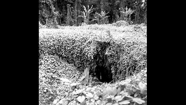This black and white photo from the 1950s shows the entrance into the main shaft of the Falemauga Caves on Upolu island in Samoa.