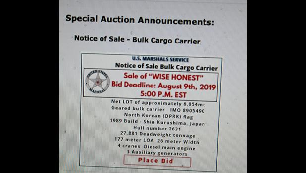 A screenshot last Friday morning, of the US Marshal Service (USMS) website, showing a link where bidders were to submit bids for the sale of the North Korean cargo vessel, “Wise Honest”, currently anchored in the bay area of American Samoa.