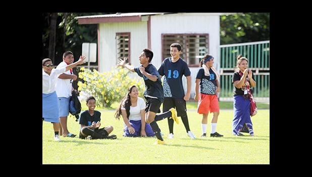 Mark Taga’i of Iakina Adventist Academy celebrates his goal during the Boys 6-8 championship game against Marist St. Francis of the 2016 FFAS Private Elementary Schools Soccer League at Kanana Fou on Tuesday, Nov. 22, 2016. [FFAS MEDIA/Brian Vitolio]