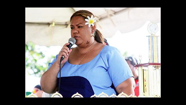 Kanana Fou elementary principal, Liza Sauni, delivers her speech during the closing ceremony of the 2016 FFAS Private Elementary Schools Soccer League at Kanana Fou on Tuesday, Nov. 22, 2016.  [FFAS MEDIA/Brian Vitolio]