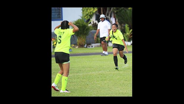 A Marist St. Francis’ Girls 6-8 player celebrates her goal in the championship game against Peteli Academy of the 2016 FFAS Private Elementary Schools Soccer League at Kanana Fou on Tuesday, Nov. 22, 2016.  [FFAS MEDIA/Brian Vitolio]