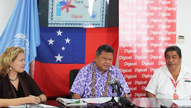 Tackling HIV, STI and TB, in Samoa, United Nations Development Program Lizbeth Cullity, Ministry of Health’s Director General, Leausa Dr Take Naseri and Digicel Special Program Manager, Waikato Fatu launched the T3 campaign, Talk it, Test it, Treat it.  [Photo: JL]