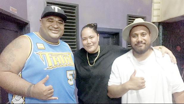 Owner of retail store in Nuuuli (Avau), who happened to be in Apia, Samoa for her husband's birthday, ended up attending the Bluesky Concert and met singer Lapi Mariner and bass guitarist Sonny of Brownhill  after the Fiji Concert hosted by Bluesky 4G Plus on Friday night.  [photo: Ese Malala]