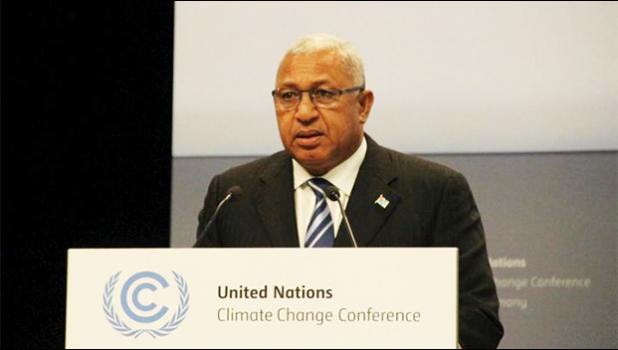  Fiji Prime Minister Frank Bainimarama addressing climate change talks consultations in Bonn, May 2017 [Photo: Supplied] 
