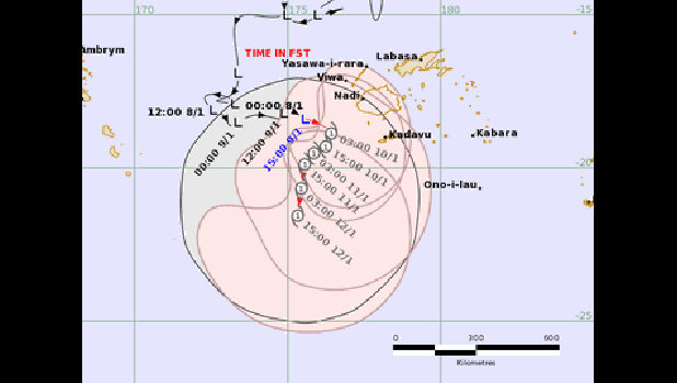 Fiji Meteorological Services Director, Terry Atalifo said tropical depression (TD03F) which is slow moving to the west of Fiji should become a cyclone later this morning, warning that the weather system would bring excessive rainfalls. Fiji cyclone graphic