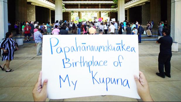 Sign at the Papahanaumokuakea fishing Means Food rally.  It says, "Papahanaumokuakea Birthplace of My Kupuna"