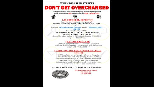 The AG's their current policy about reporting price gouging calls for it be reported to the Department of Public Safety by emailing tafunasubstation@gmail.com or calling 699-1911/ 633-1111. Price Gouging details