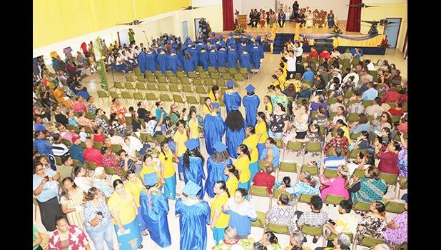 The graduating class of 2021 for Fa’asao Marist High School coming into the venue.