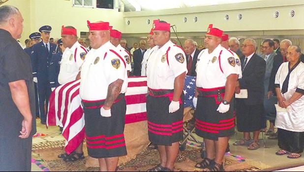 The Police Honor Guard escorting the United States flag-draped casket of the late Sen. Galeai Moaali’itele Tu’ufuli