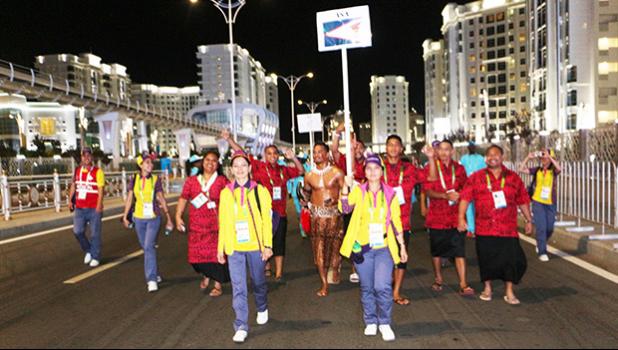 Team American Samoa as they are escorted over to the Ashgabat Olympic Stadium for the start of the Athletes’ parade into the opening ceremony for the Asian Indoor & Martial Arts Games Sunday September 17th, 2017. (Photo:Terry Custodio Auva'a) Team American Samoa as they are escorted over to the Ashgabat Olympic Stadium for the start of the Athletes’ parade into the opening ceremony for the Asian Indoor & Martial Arts Games Sunday September 17th, 2017. (Photo:Terry Custodio Auva'a)