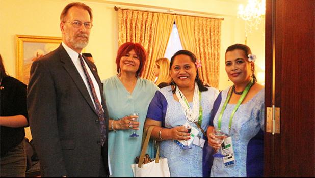 US Ambassador Allen Mustard conversing with Team American Samoa Chef De Mission Herrietta Molesi, Press Attache Terry Custodio Auva'a and Mrs. Sami Williams Kesi who is an American Samoan married to DOD OMC Chief – Lt Col Dimitri Kesi.  (Photo:Team American Samoa)