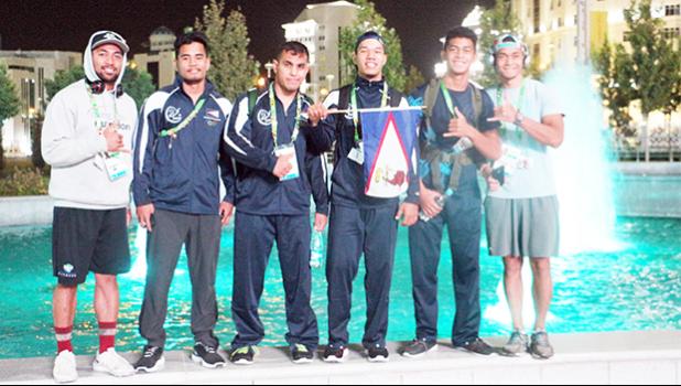 Team American Samoa at the 5th AIMAG in Ashgabat, Turkmenistan Isaac S, Iafeta V., Nolan P, Daniel M, Sealiitu M, Pita F, after their final matches. Sadly American Samoa lost out on bronze medals in wrestling but were able to place American Samoa in 5th place in their respective weight categories in wrestling. (Photo:Terry Custodio Auva'a)