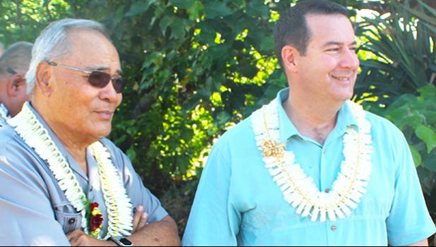 Gov. Lolo Matalasi Moliga (left) and Hawaiki cable chief executive officer, Remi Galasso (right) last Saturday morning at Fogagogo looking out to sea at the vessel Responder that was laying the Hawaiki cable to the Fogagogo landing station. [photo: FS]