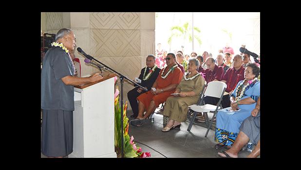Gov. Lolo Matalasi Moliga during yesterday’s official opening of the Territorial Bank of American Samoa. In his remarks he said the solid collaboration, fashioned between the Legislative Branch and the Executive Branch, upon receipt of notification of the exodus of the Bank of Hawaii, facilitated this day.  [photo: AF]