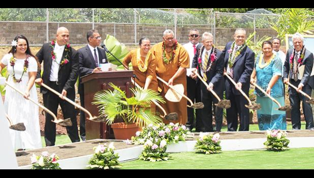 First Lady, Ella Perefoti Mauga (fourth from left) with Gov. Lemanu Peleti Mauga (fifth from left) and Elder K. Brett Nattress (sixth from left)