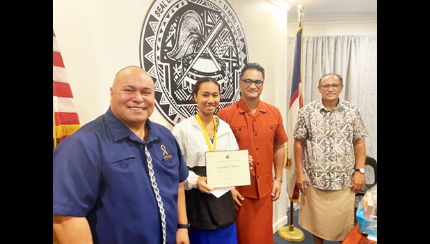 [l-r] The Governor’s Chief of Staff, Tuimavave Tauapa’i Laupola; Summer Youth Employment Program participant; Acting Gov. Talauega Eleasalo Ale, and the Governor’s Office Chaplain, Patolo Mageo