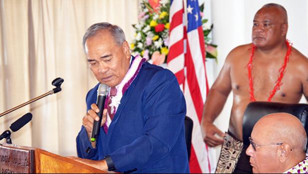 Gov. Lolo Matalasi Moliga (left) when he acknowledged government leaders including Chief Justice Lealaialoa Michael Kruse during yesterday’s opening of the Fono’s joint session to start the First Regular Session of the 35th Legislature.  [photo: AF]