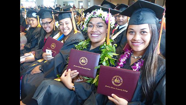Smiling faces of some of the graduates at the American Samoa Community College’s Spring 2018 graduation ceremony last Friday at the ASCC Multi Purpose Center Auditorium. [photo: Leua Aiono Frost]