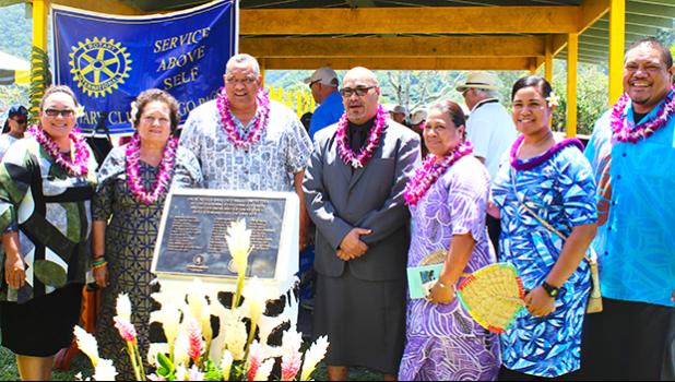 [l-r] Rotary Club of Pago Pago president Agnes Polu, Congresswoman Aumua Amata, Lt. Gov. Lemanu Palepoi Sialega Mauga, CCCAS Fagatogo Rev. Iasepi Ulu, Dept. of Human and Social Service official Lupe Sunia Fiso, a female guest, and Hawaiian Airlines representative Voloti Malietoa