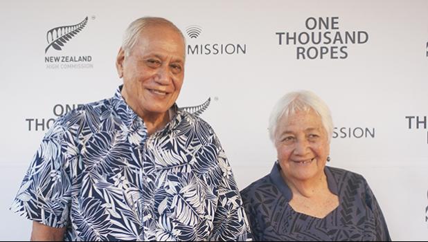 Head of State Tupua Tamasese Efi and his masiofo attended the red carpet event last Thursday evening in Apia, Samoa — the premiere of the new Samoan film, “One Thousand Ropes,” directed by Tusi Tamasese. The Head of State told Samoa News during an interview after the premier, “This movie was very authentic… lots of truths…”   [photo: Ese Malala]
