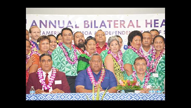 Group photo of some of the delegates at the opening the three-day 7th Bilateral Health Summit of the two Samoas hosted by American Samoa at the Gov. H. Rex Lee Auditorium. Front row (l-r): Rev. Alapi Eti of the CCCAS Ierusalema Fou; Lt. Gov. Lemanu Peleti Mauga; and Samoa government’s Associate Minister Salausa Dr John Ah Ching. [photo: AF]