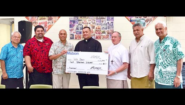 [l-r] Moepologa John Pereira, general manager of Molida Shipping Agency, American Samoa; Lanu Pen, Matson American Samoa representative; Dean Matsuoka, sales account executive of Matson Hawaii; Rev. Father Faitau Lemautu, Hope House chaplain; Bishop Peter H. Brown; Ta'afano Joe Tavale, Hope House board chairman; and Larry Sanitoa, chairman of the Hope House fundraising committee 
