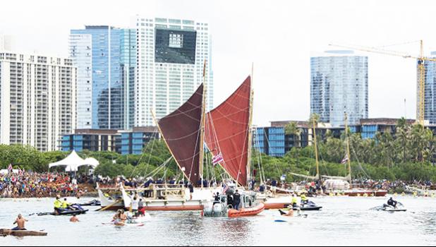  The Polynesian Voyaging Society's sailing canoe Hokulea arrived at Magic Island in Honolulu on Saturday, June 17, 2017.  No modern navigation instrumentation guided a Polynesian voyaging canoe as it followed the horizon during a three-year journey around the globe. (Craig T. Kojima/The Star-Advertiser via AP)