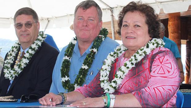 [l-r] Territorial Bank of American Samoa president and CEO, Drew Roberts; Bank of Hawaii senior vice president Hobbs Lowson — who was also a former head of BoH operations in the territory, and Congresswoman Aumua Amata 
