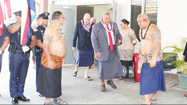 Governor Lemanu P.S. Mauga, Chief Justice Michael Kruse followed by Senate President Tuaolo Manaia Fruean and House Speaker Savali Talavou Ale 
