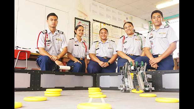 The Tafuna High School JROTC Robotics team (L-R) Charles Tauiliili, Filiga Tufa, Isalei Liaiga, Ladenia Lavatai, Francis Ah Vui. [photo: courtesy THS Army JROTC) (L-R) Charles Tauiliili, Filiga Tufa, Isalei Liaiga, Ladenia Lavatai, Francis Ah Vui.