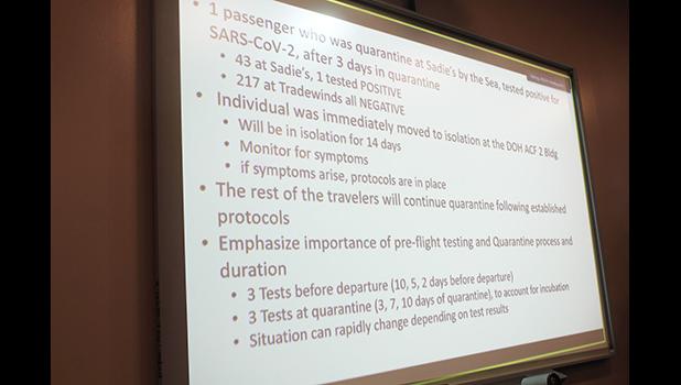 A large screen displayed information on the local resident who tested positive for COVID-19