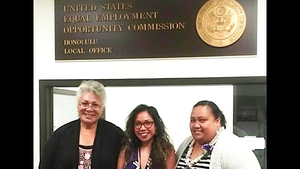 (l-r) Victims Advocate Ipu Avegalio Lefiti; Director of the Equal Employment Opportunity Commission (EEOC) Glory Gervacio Saure, and Emily Mauga. The women recently met in the federal building in Honolulu where services offered by the EEOC were discussed in depth.  [courtesy photo]
