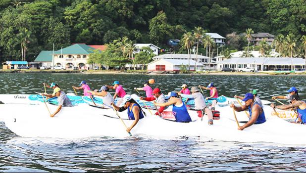 Start of the Open Mixed race of the 2017 Aunu’u Iron Challenge in American Samoa that saw nine teams with 54 paddlers from 5 different countries compete; it’s the first international outrigger race of the year in American Samoa.  [Courtesy photo]