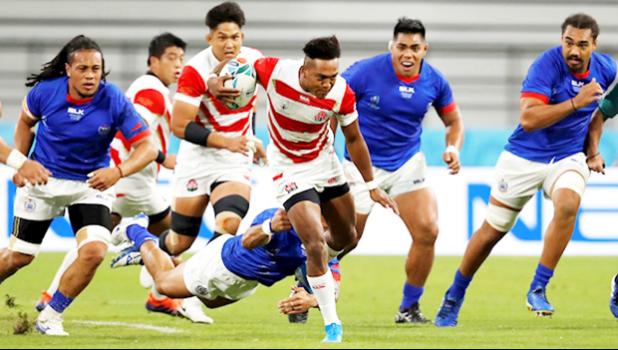 Japan’s Kotaro Matsushima makes a break during the Rugby World Cup Pool A game between Japan and Samoa. (AP Photo/Shuji Kajiyama) Japan’s Kotaro Matsushima makes a break