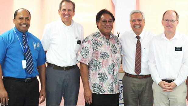 [l-r] LBJ Hospital’s Chief of Orthopedics, Dr. Ledua; US certified orthopedic surgeon Dr. John Edwards; LBJ chief executive officer Faumuina John Faumuina; Elder Vince Haleck of The Church of Jesus Christ of Latter-Day Saints; and US certified radiologist Dr. Gregory Patch