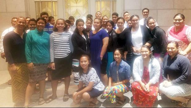 Youth groups from the Tafuna 3rd and Mesepa 2nd Wards of the Church of Jesus Christ of Latter Day Saints, in front of the Apia, Samoa Temple