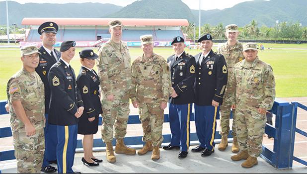 US Army officials — both local and from off island — after the administering of the Oath of Enlistment for the 31 future US Army soldiers on Wednesday afternoon at the Veterans Memorial Stadium in Tafuna.  [photo: AF]