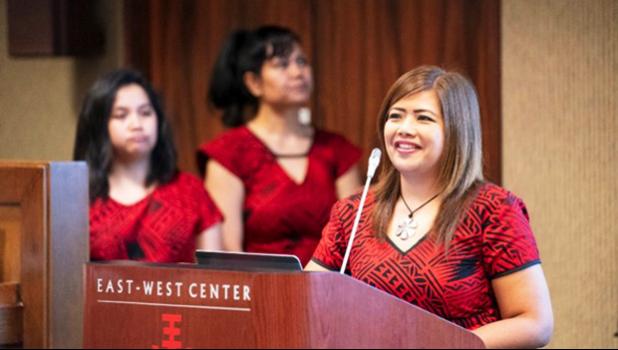 Rodalyn Gerardo (Guam), at podium, Sherlyn Reynold (Chuuk) and Katrina Hunkin-Seumanutafa (American Samoa)