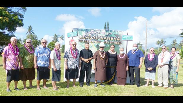 Gov. Lolo Matalasi Moliga (7th from left), along with G.H.C. Reid & Company Ltd. board chair, Olivia Reid, First Lady Cynthia Malala Moliga and others pose for a group photo