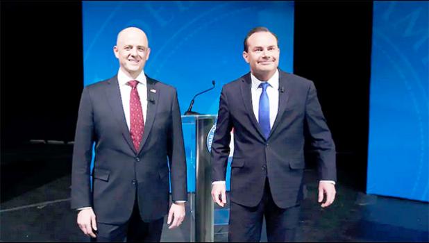Utah Sen. Mike Lee, right, and his challenger Evan McMullin before their debate Oct. 17, 2022. AP Photo/Rick Bowmer Utah Sen. Mike Lee, right, and his challenger Evan McMullin