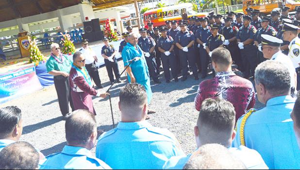Lt. Lemanu Palepoi Sialega Mauga addressing DPS officers and personnel at the Fagatogo Malae yesterday morning during the official opening of Police Week in American Samoa.  [photo: AF]