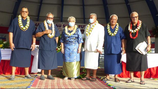 [l-r] Senate President Gaoteote Palaie Tofau, Gov. Lolo Matalasi Moliga, First Lady Cynthia Malala Moliga, the Rev Elder Fa’aetete Saifoloi, House Speaker Savali Talavou Ale, and Secretary of Samoan Affairs Mauga Tasi Asuega