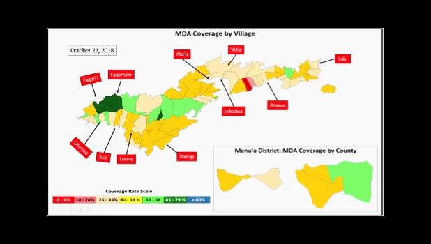 The map pictured here shows us to date the percentage of people from each village that have taken their MDA medicines