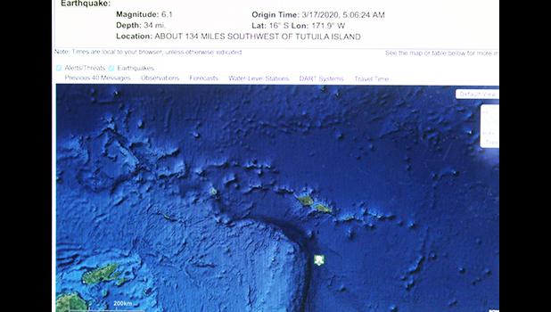 Screen shot of the US Tsunami Warning System website page, shows the location — the dot — of an earthquake with a preliminary magnitude of 6.1 