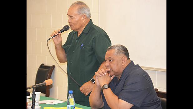 Gov. Lolo M. Moliga, with Lt. Governor Lemanu Peleti Mauga, addressing the cabinet during a meeting last week. The governor says he is going to veto some of the revenue measures that were passed by the Fono. [photo: AF]