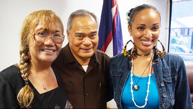 American Samoa filmmaker Queen Muhammad Ali is one of 70 finalists for the 2017 National Creative Placemaking Fund (NCPF).  The ArtPlace Fund invests money in communities across the country in which artists, arts organizations, and arts and culture activity help drive community development change. Governor Lolo Moliga conveyed last week how proud he is of Queen's efforts. Pictured Queen Muhammad Ali (right), Gov Lolo Moliga (center), Flo Pereira (left). [courtesy photo]